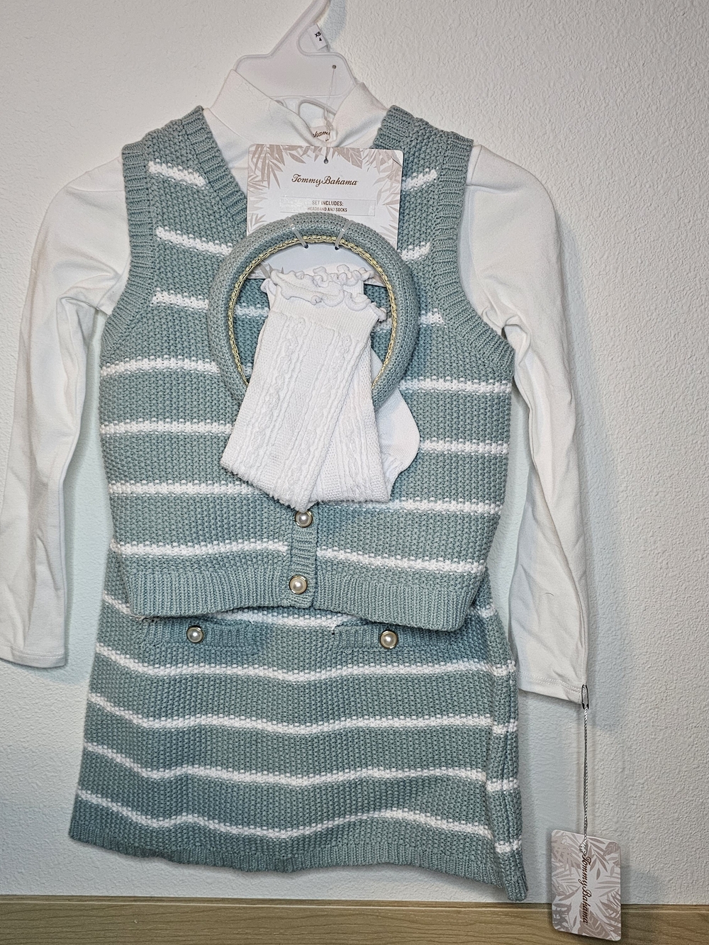 Tommy Bahama Kids Green Stripe Knit Vest & Skirt Set with White Tee